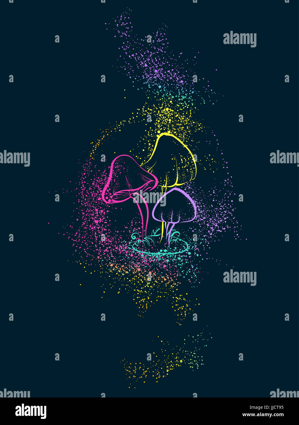 Illustration Trippy avec champignons psychédéliques sur fond sombre Banque D'Images