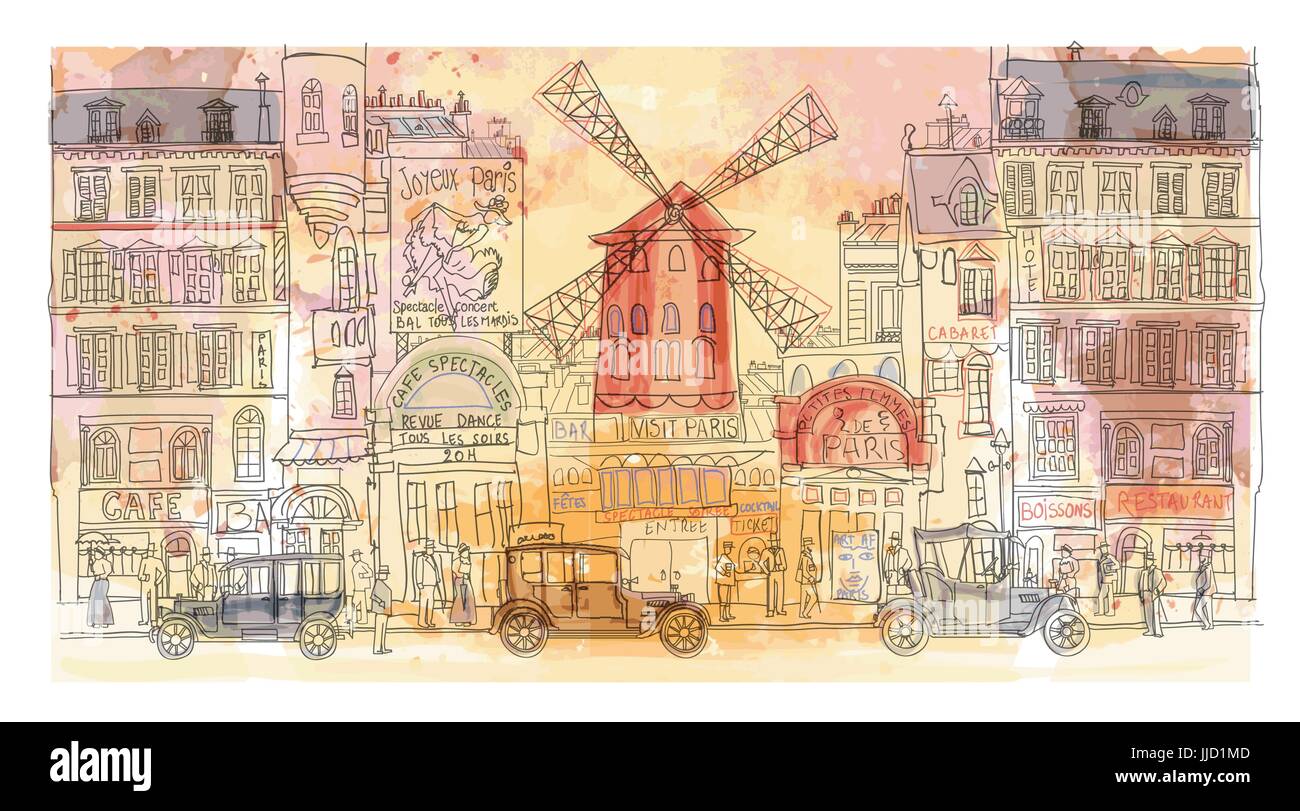 Paris à l'aquarelle, Moulin Rouge - vector illustration Illustration de Vecteur