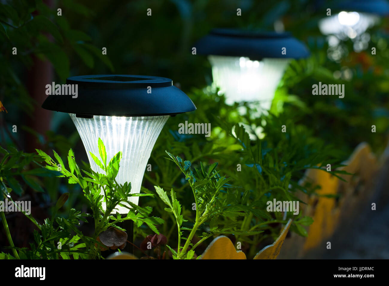 Lampe solaire. Close Up of Decorative petite lumière solaire de jardin,  lanternes en fleur lit dans le feuillage vert Photo Stock - Alamy