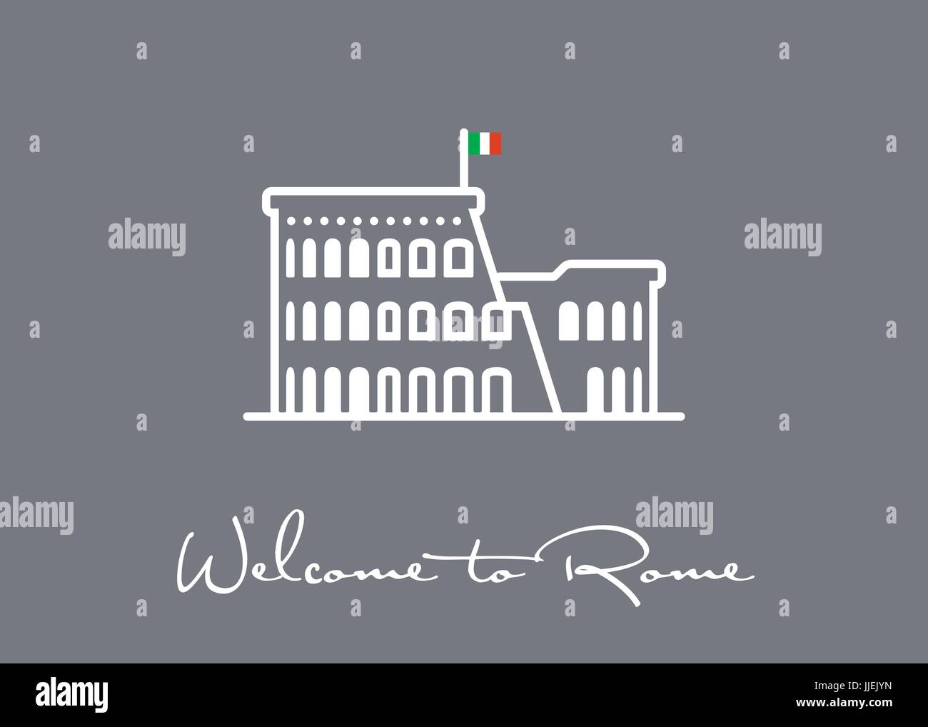 Bienvenue à Rome carte de souhaits avec Colisée ruines icône ligne vector illustration. Illustration de Vecteur