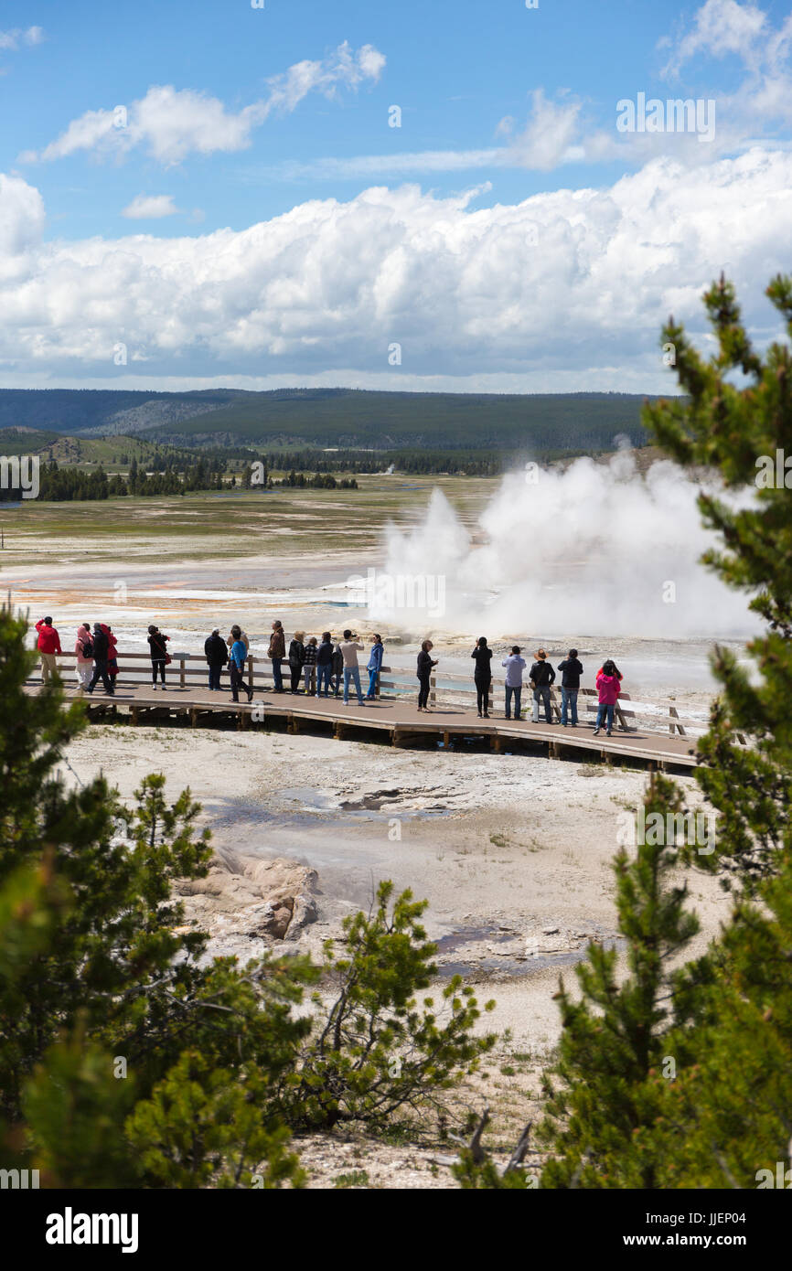Les touristes sur la promenade près de la vaseline geyser, le long de la fontaine Paintpots Trail, le Parc National de Yellowstone, Wyoming, USA Banque D'Images