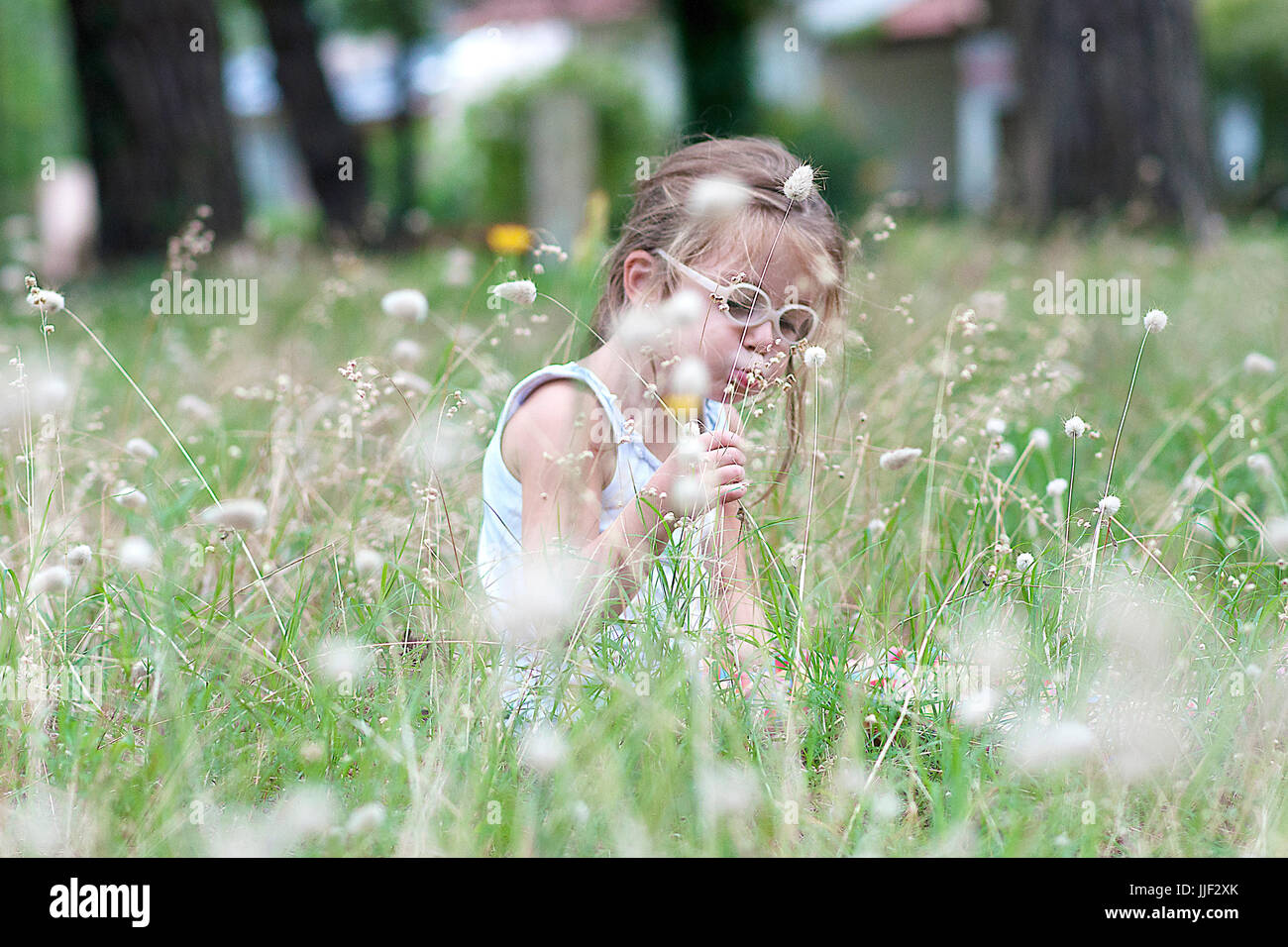 Fille assise dans un pré de fleurs de soufflage Banque D'Images