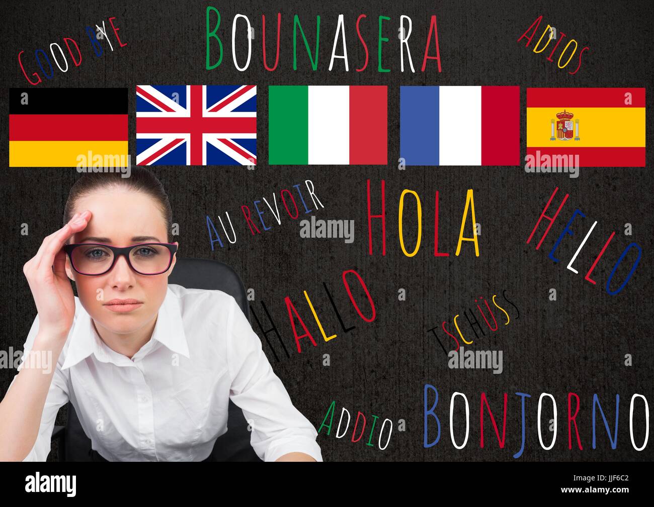 Composite numérique de langue principale flags en jeune femme avec des mots en différentes langues. Banque D'Images