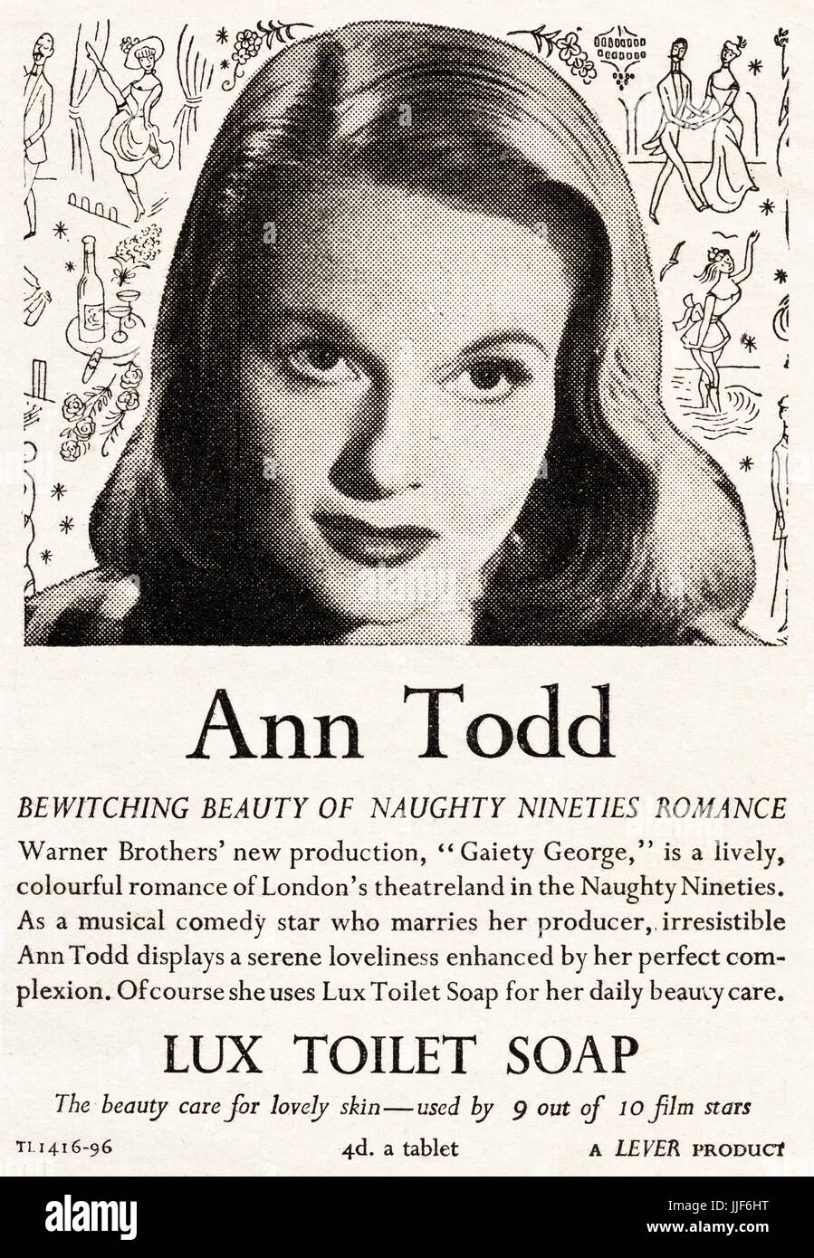 1940 old vintage original publicité Publicité Lux Savon de toilette par  Lever Brothers avec film star Ann Todd dans circa 1946 magazine lorsque  l'approvisionnement de certains produits sont encore restreintes en vertu