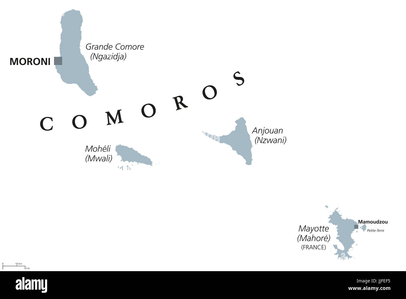 Carte politique Comores Moroni capitale de l'île de Mayotte et de l'anglais. Union européenne et souverain de l'île de l'archipel dans l'Océan Indien. Banque D'Images