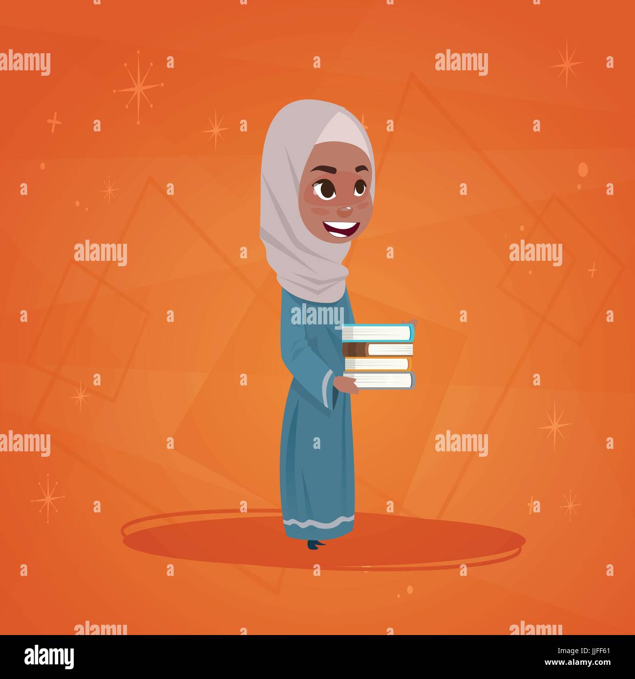 Fille arabe tenir livres petite caricature élève musulmane Illustration de Vecteur