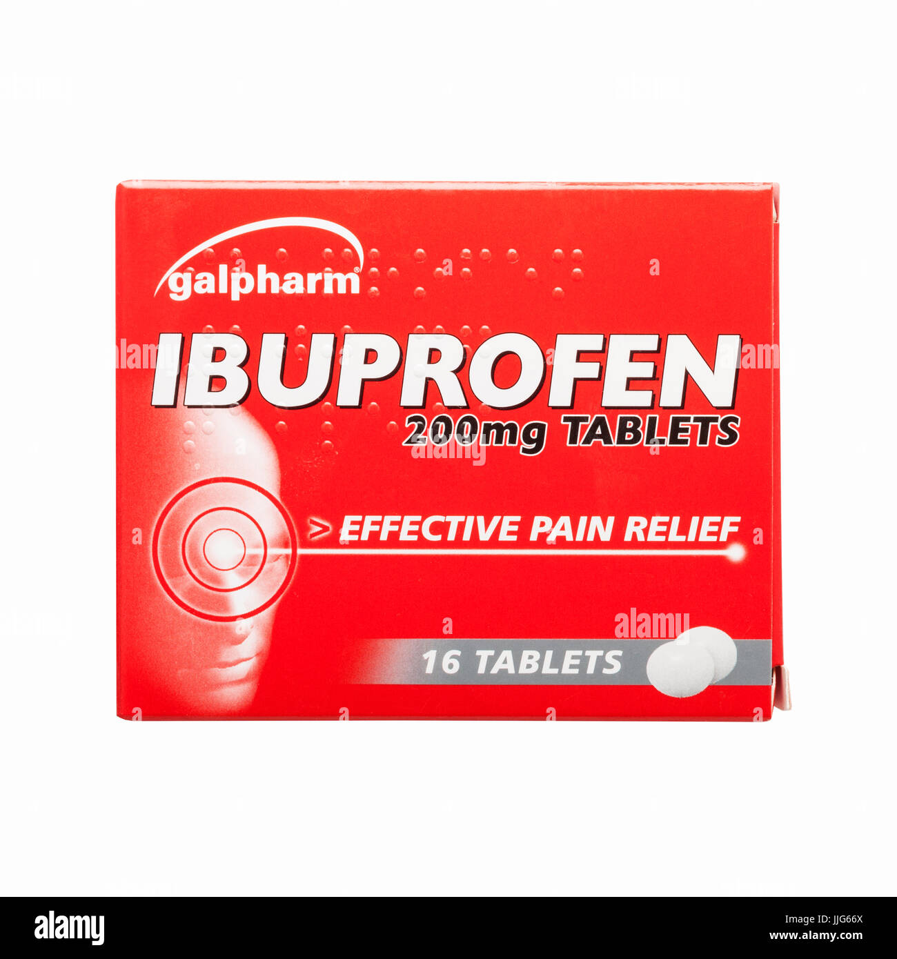 Un paquet de comprimés d'ibuprofène galpharm le soulagement de la douleur sur un fond blanc Banque D'Images