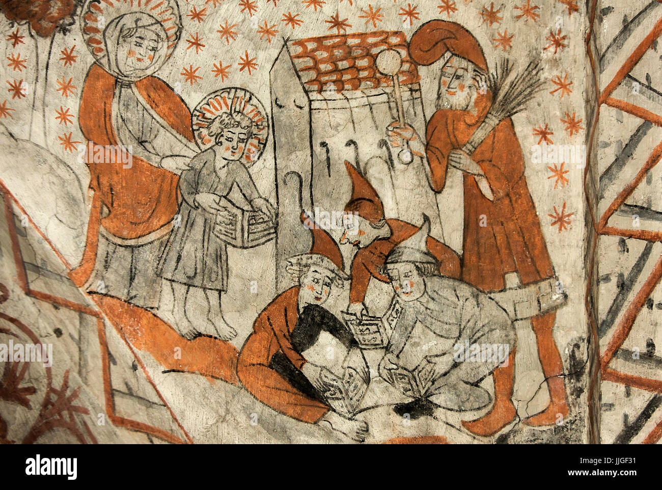 Fresque religieuse médiévale danois au 13ème siècle de style gothique de l'église représentant Jésus (Utiliser L - 2e) à sa première journée à l'école par l'Isefjord Mas Banque D'Images