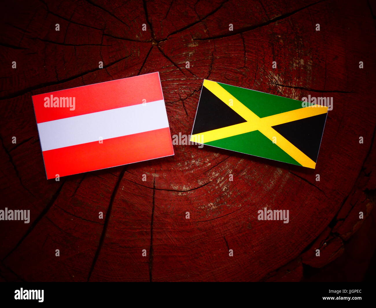 Drapeau autrichien avec drapeau jamaïcain sur une souche isolée Banque D'Images