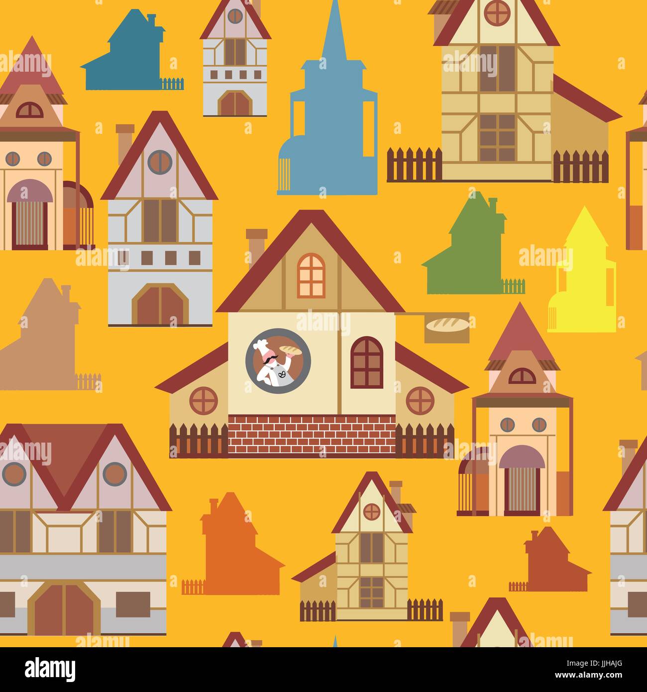 Modèle transparent avec des dessins de maisons dans un style européen sur fond jaune Illustration de Vecteur