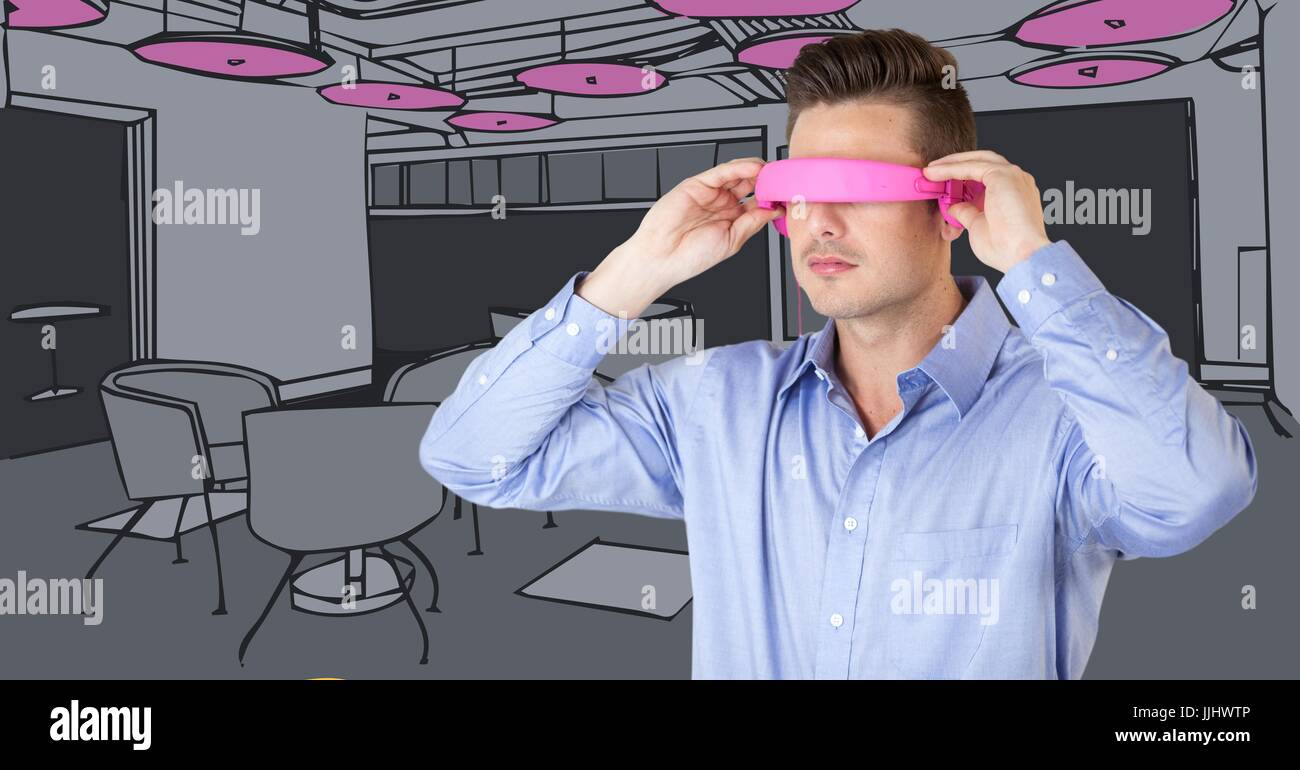 L'homme d'affaires en rose casque de réalité virtuelle contre gris et rose 3D bureau dessiné à la main Banque D'Images