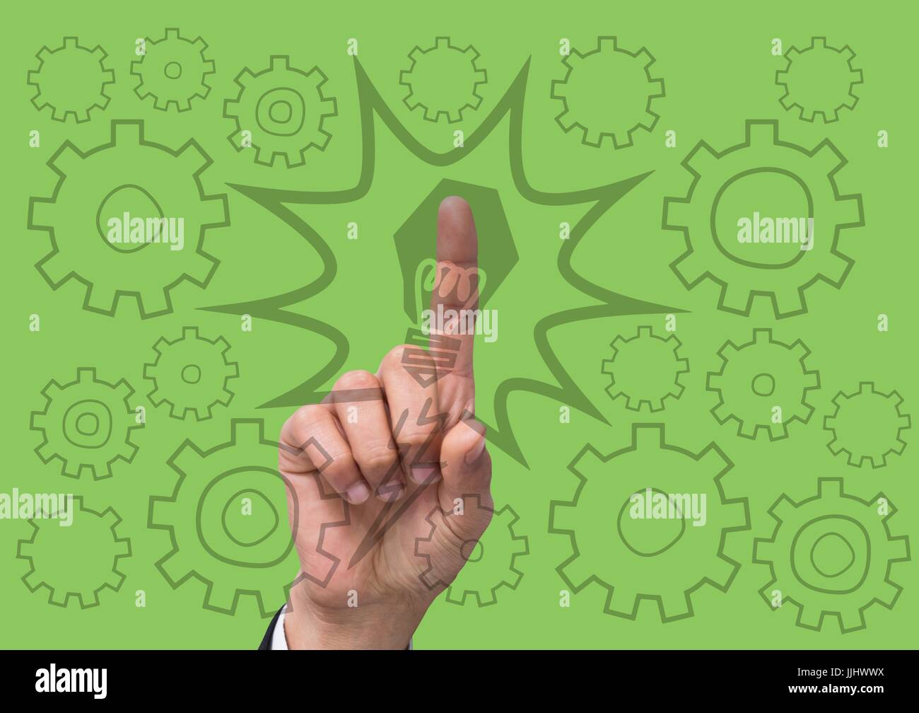 Main pointant à l'ampoule de 3D et graphiques cog contre fond vert Banque D'Images