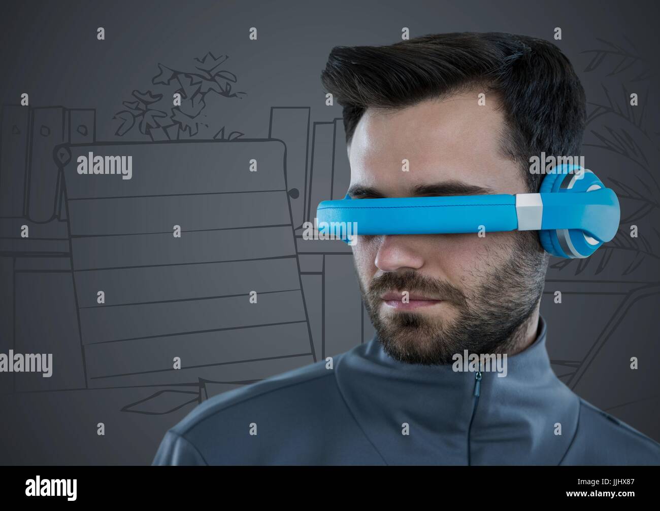 L'homme en bleu casque de réalité virtuelle contre gray bureau dessiné à la main Banque D'Images
