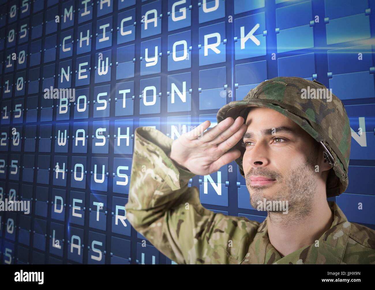 Soldat fier contre salut vols 3d'affichage Banque D'Images