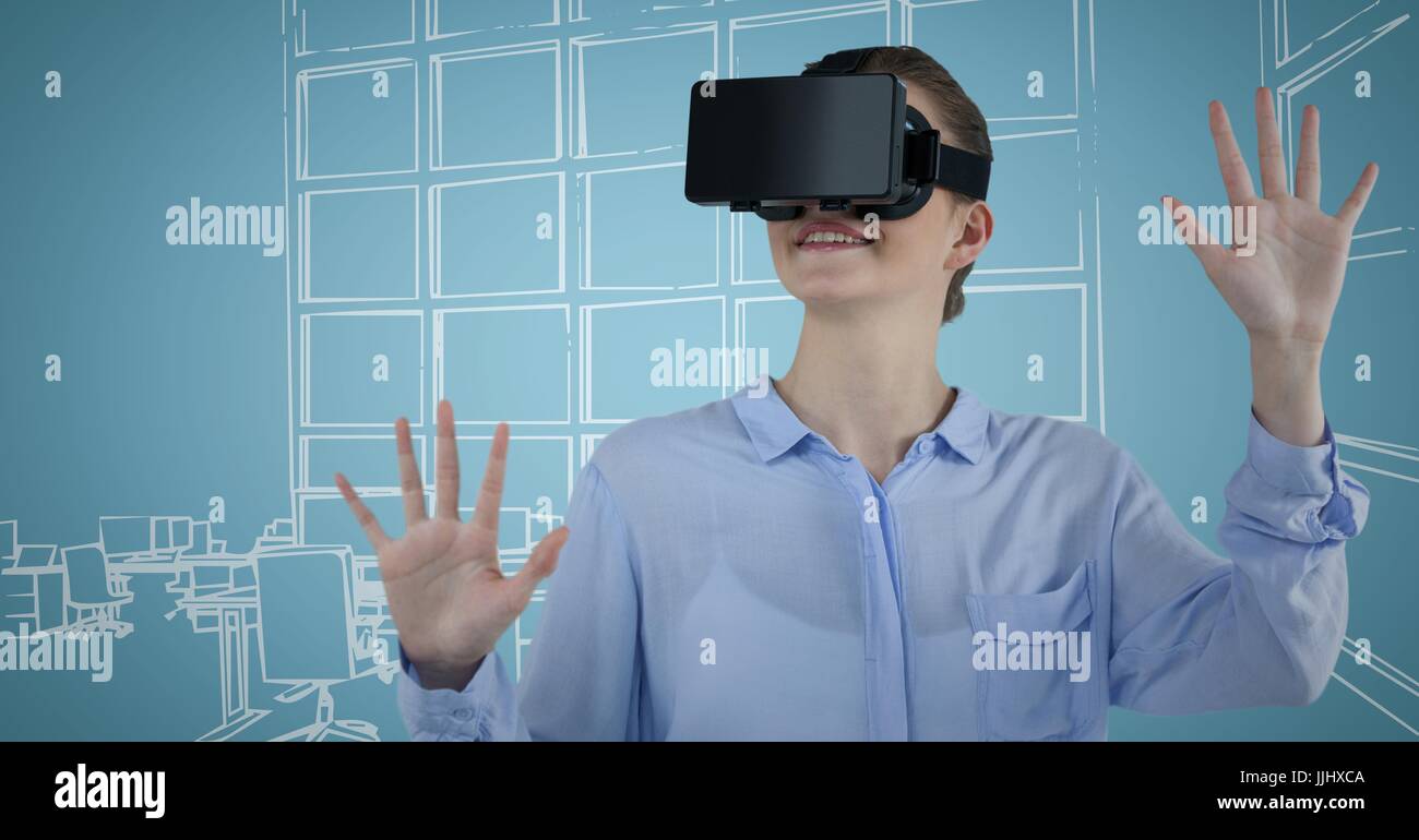 Business Woman in casque de réalité virtuelle contre bleu et blanc 3D bureau dessiné à la main Banque D'Images