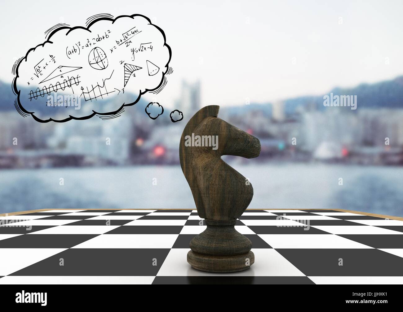 Pièce d'échecs et de la pensée de nuages avec math doodles contre skyline floue Banque D'Images