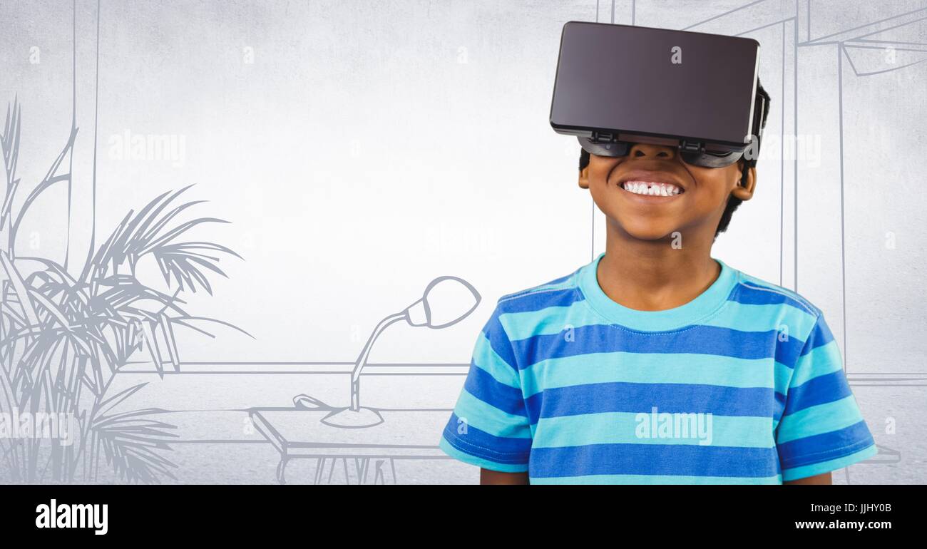 Garçon dans casque de réalité virtuelle contre 3D blanc bureau dessiné à la main Banque D'Images