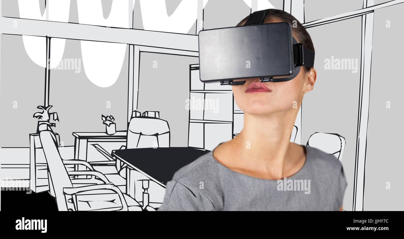 Business Woman in casque de réalité virtuelle contre gris 3D bureau dessiné à la main Banque D'Images