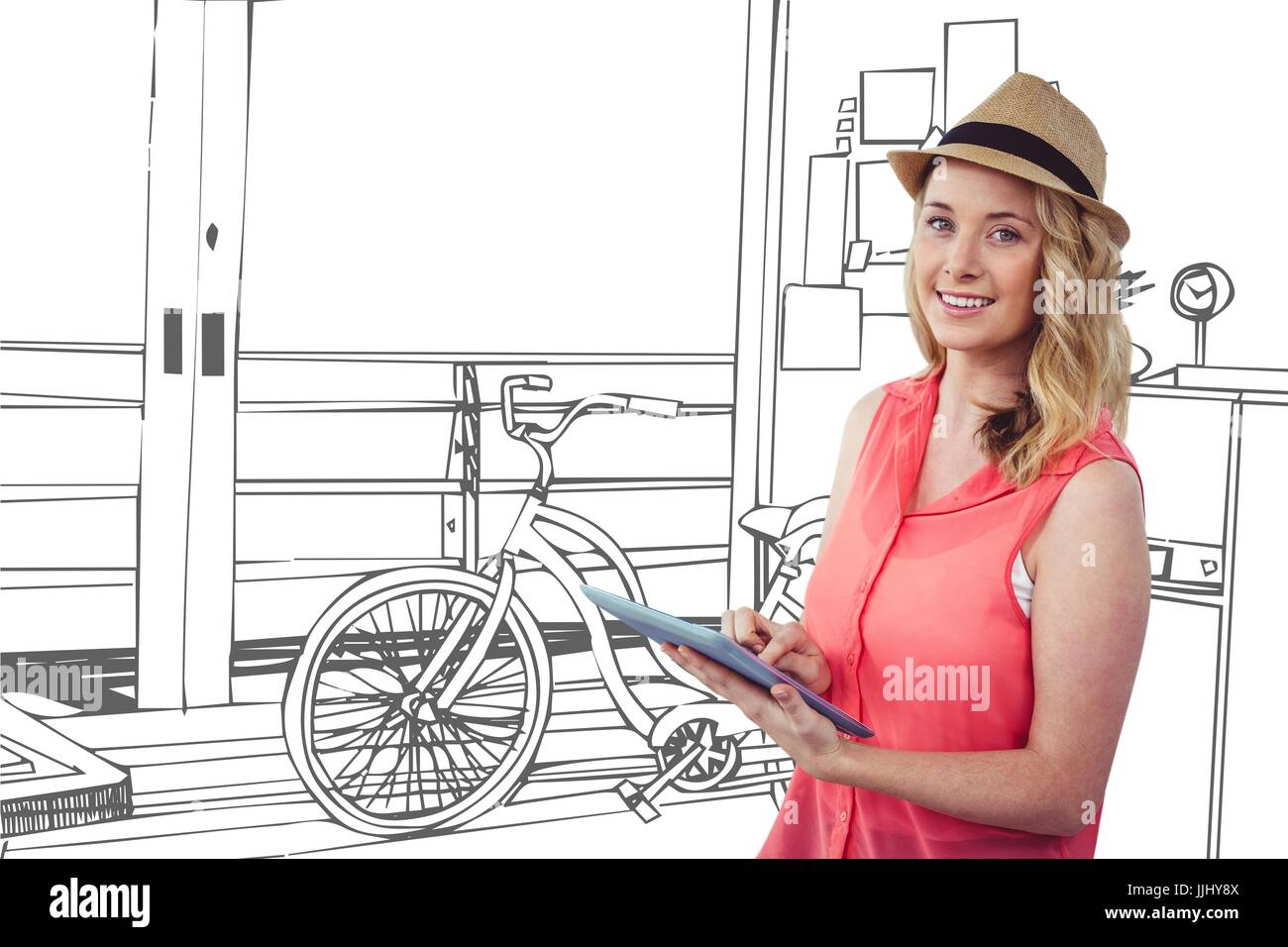 Smiling blonde woman using a digital tablet avec un noir et blanc 3D dessin sur arrière-plan Banque D'Images