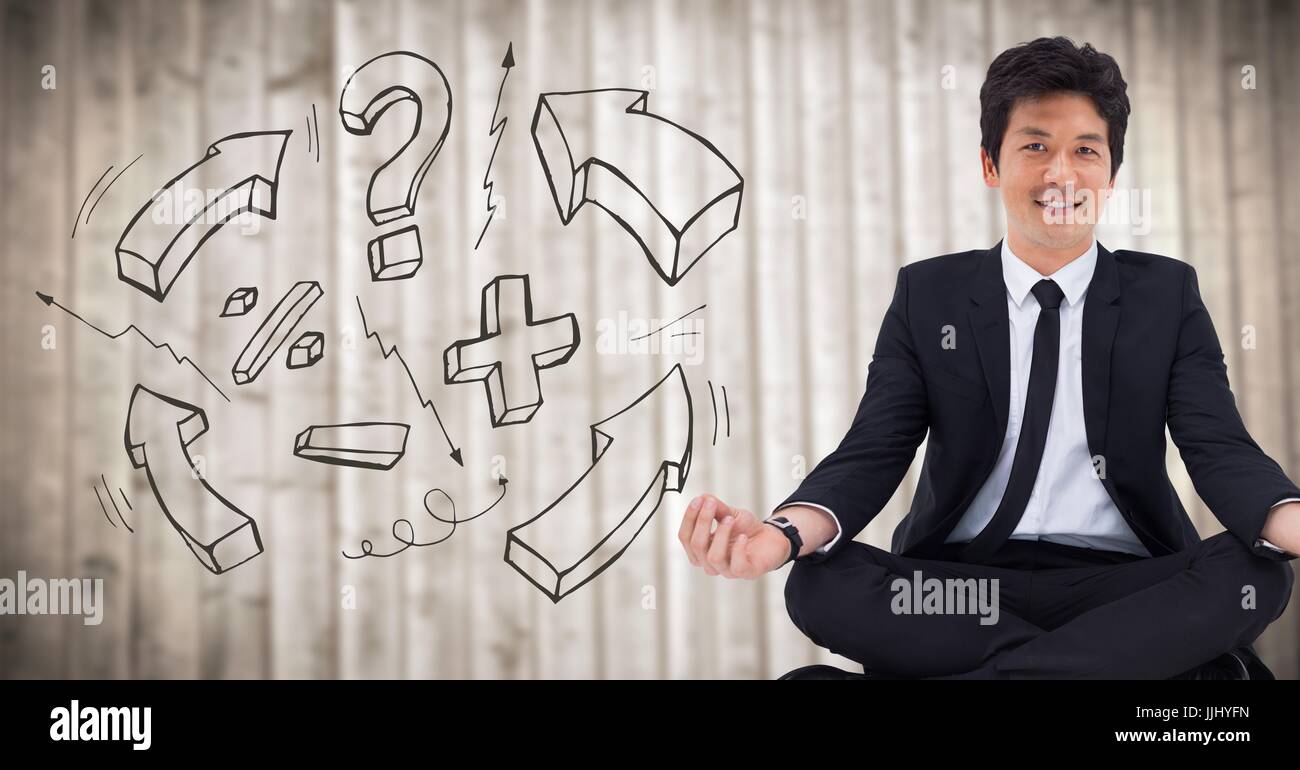 3d business man meditating contre panneau floue avec les mathématiques doodle Banque D'Images