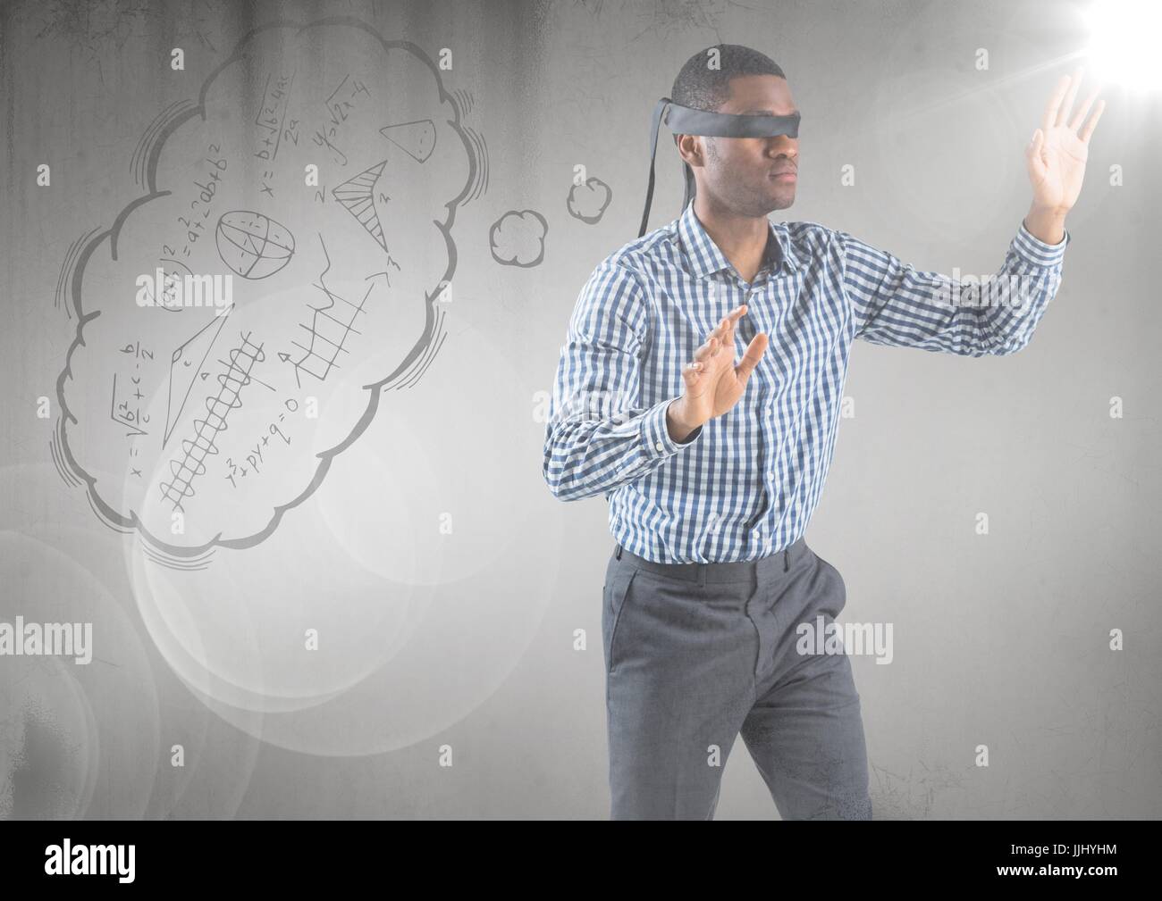 L'homme d'affaires avec les yeux bandés et cloud pensée flare contre fond gris Banque D'Images