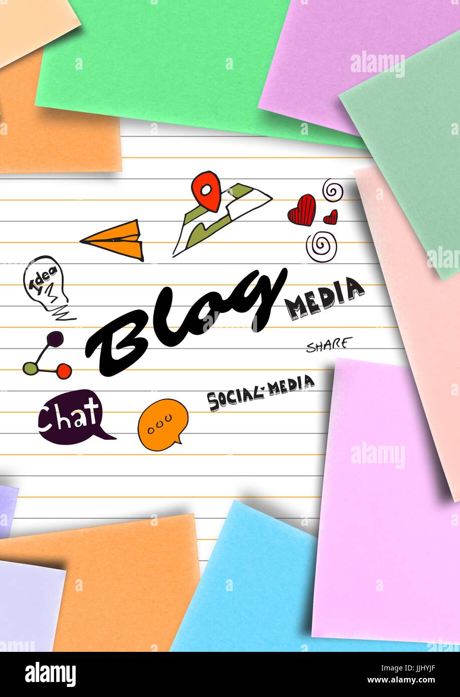 Blog doodle sur le bloc-notes entouré par sticky notes Banque D'Images