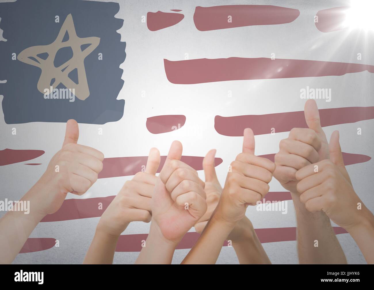 Hands giving Thumbs up contre hand drawn drapeau américain et mur blanc avec flare Banque D'Images