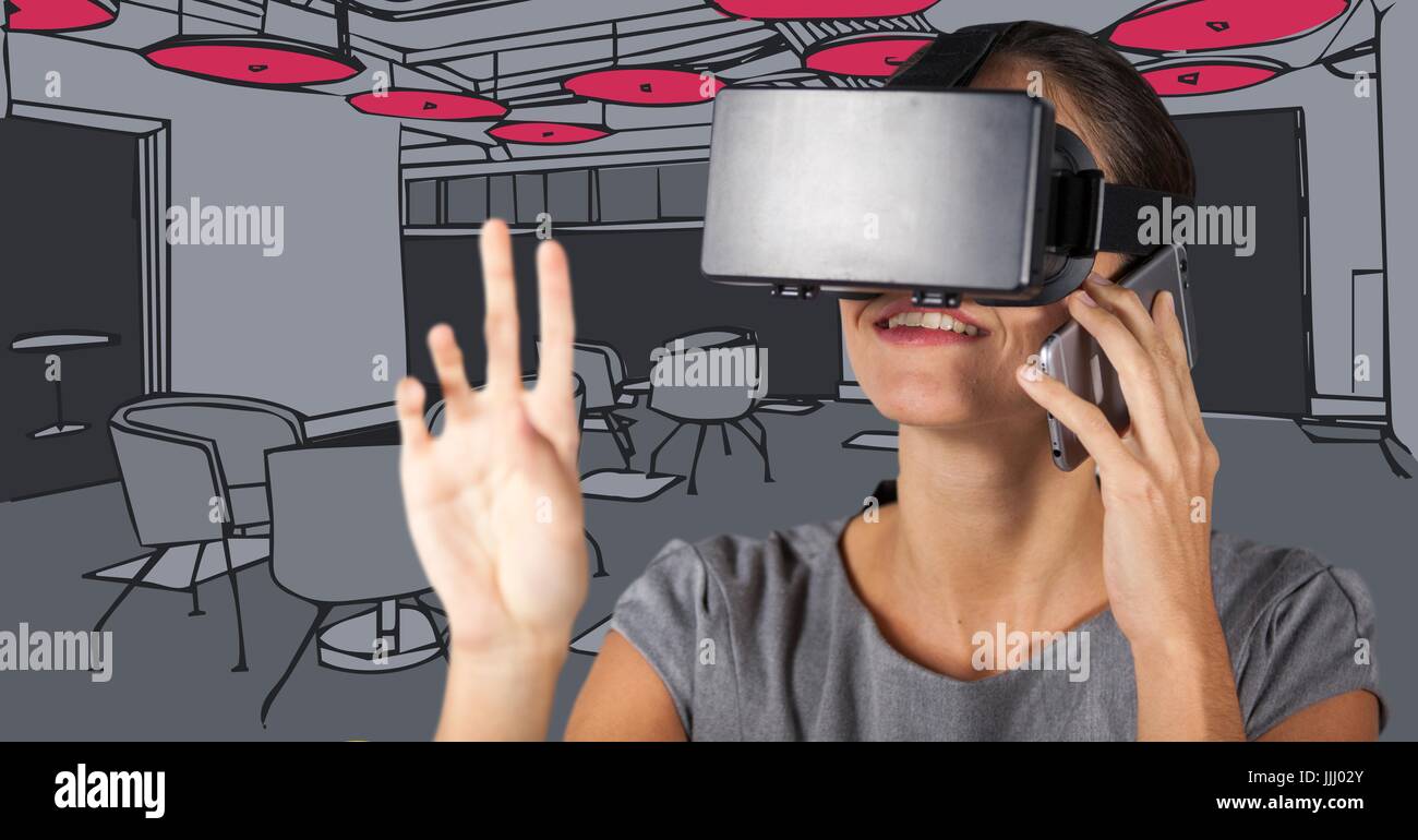 Business Woman in casque de réalité virtuelle et sur les téléphones contre gris et rose 3D bureau dessiné à la main Banque D'Images