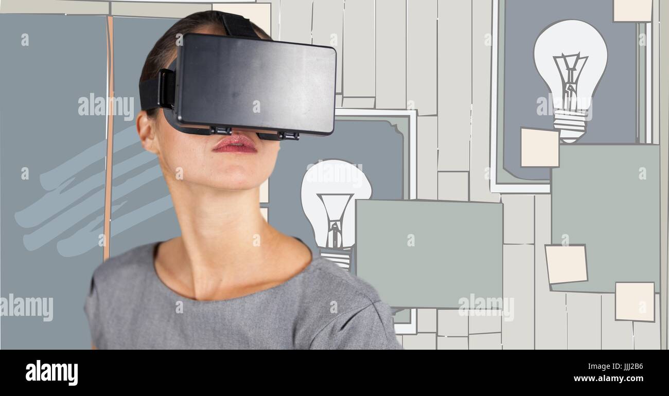 Business Woman in casque de réalité virtuelle contre mur avec 3d'hôtel - images - photos Banque D'Images