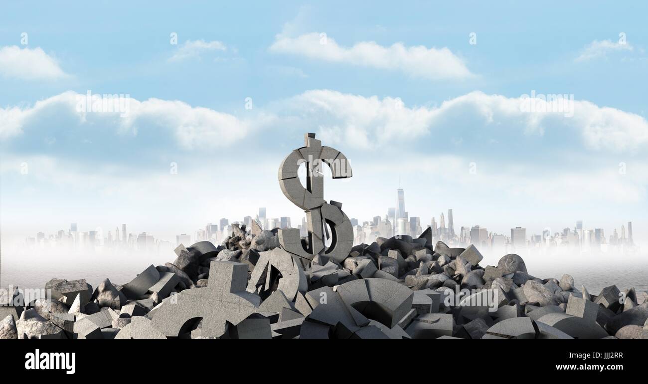 3D Pièces de béton pierre avec de l'argent dollar symbol in cityscape Banque D'Images