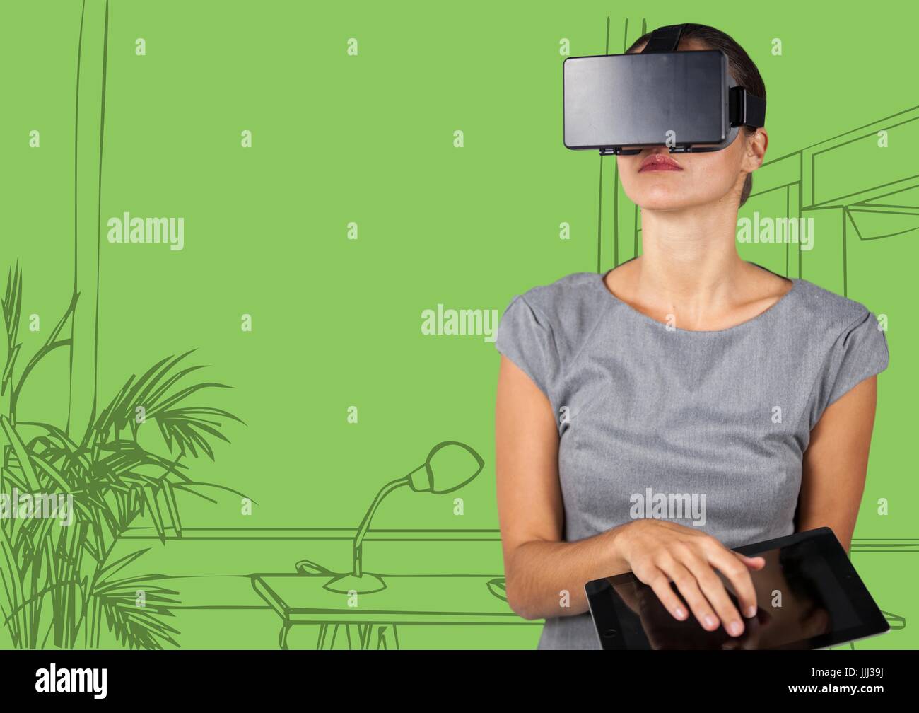 Business Woman in casque de réalité virtuelle avec tablet contre vert 3D bureau dessiné à la main Banque D'Images