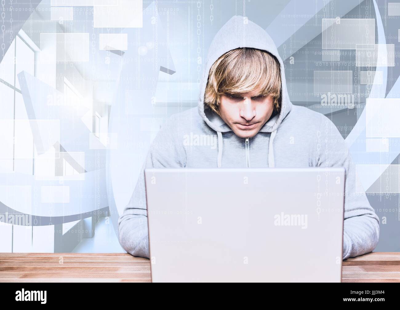 Cheveux blonds hacker à l'aide d'un ordinateur portable en face de 3d white background Banque D'Images