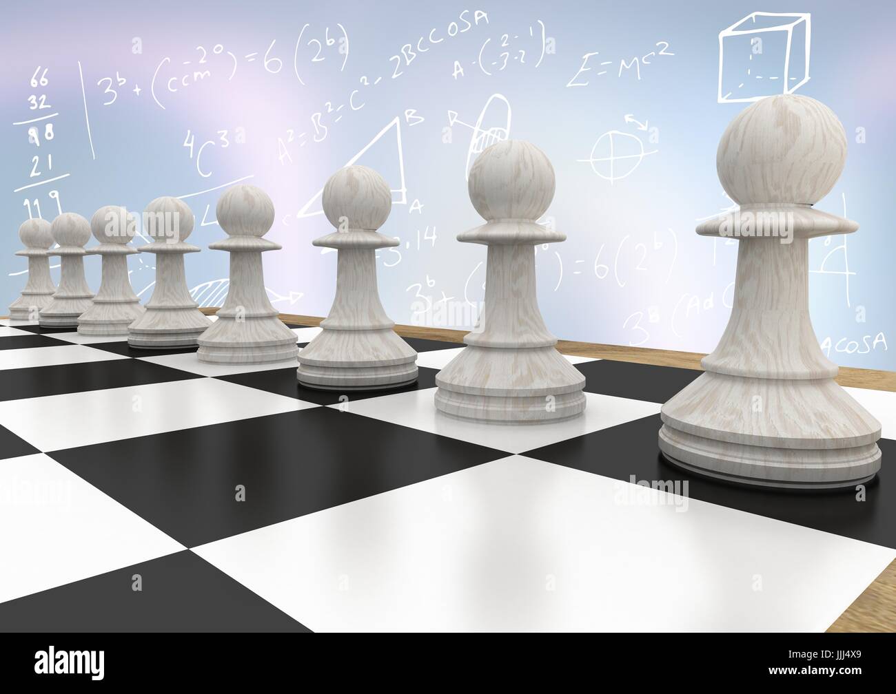 Pièces des échecs 3D contre lilac résumé fond blanc avec math doodles Banque D'Images