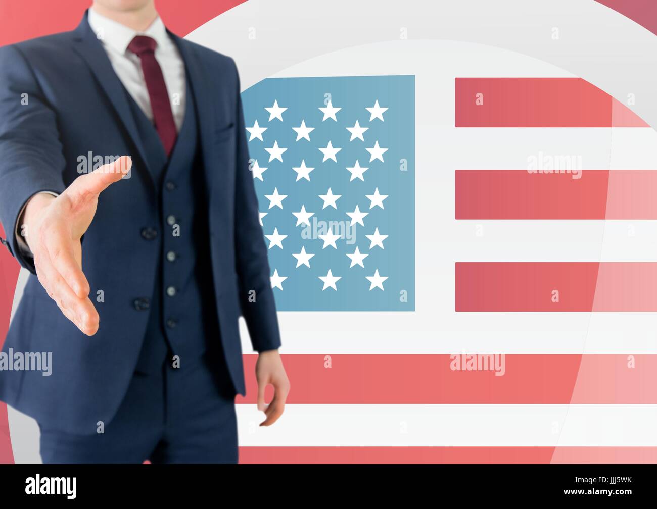 L'homme d'affaires secouant sa main contre drapeau américain Banque D'Images
