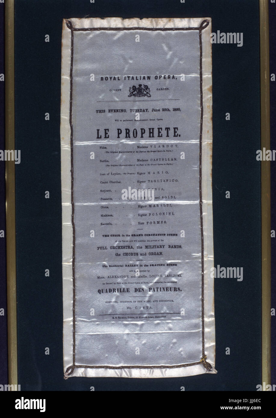 Giacomo Meyerbeer - le prophète silk programme pour le Royal Italian Opera, 25 juin 1850. Avec VIARDOT, Mario, TAGLIONI (danseur) compositeur allemand, 5 septembre 1791 - 2 mai 1864. Banque D'Images