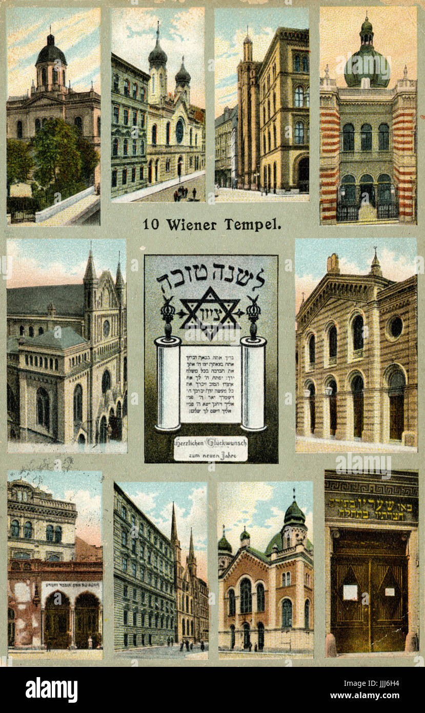 Dix synagogues à Vienne. Carte de Nouvel An juif, 1919, l'Autriche. 10 petits dessins en couleur de la "Wiener Tempel' entourant un rouleau de Torah. Banque D'Images