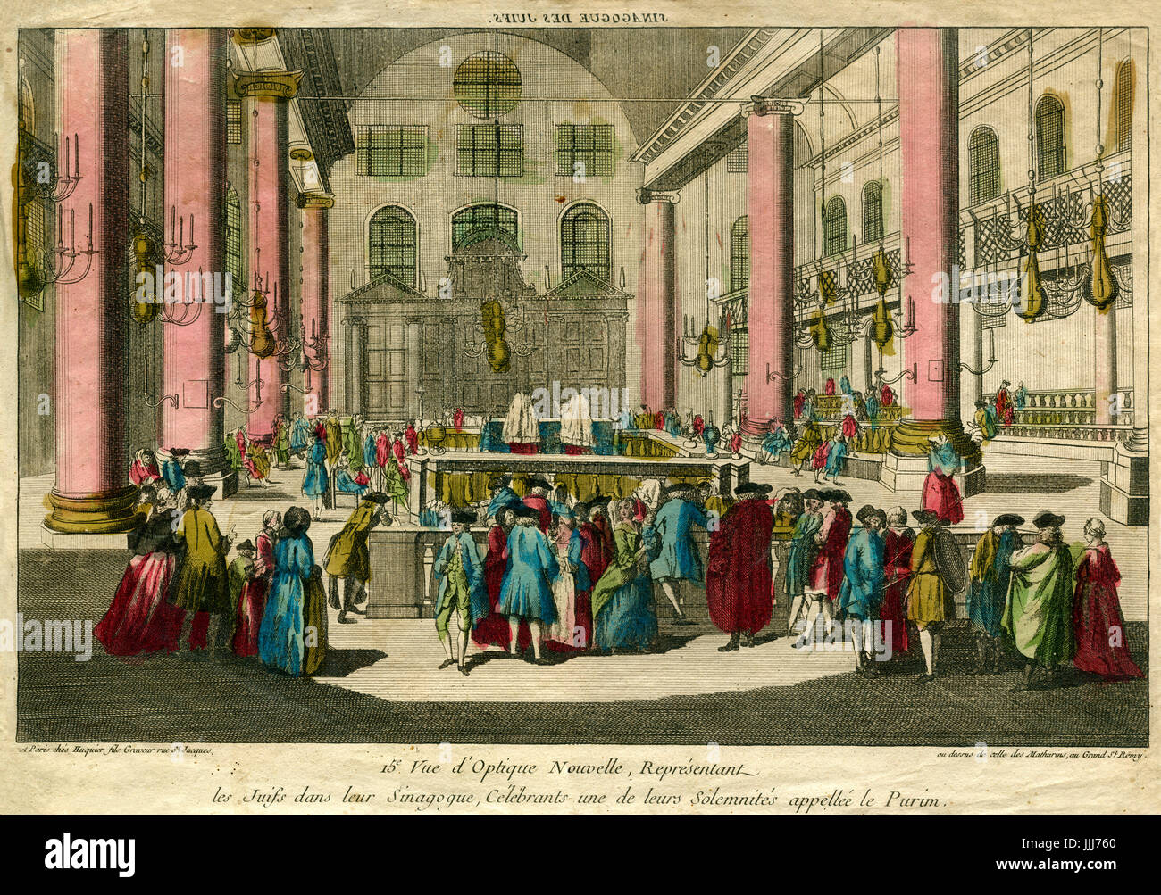 Synagogue parisienne sur la rue st. Jacques, fin du 18e siècle. Sous-titre suivant : 'Vue d'optique nouvelle, représentant les Juifs dans leur synagogue, une de leurs solemnites célébrants appelle le Pourim" (une nouvelle vue, représentant les Juifs de la Synagogue, ils observent l'un de ses rituels). Banque D'Images Synagogue parisienne sur la rue st. Jacques, fin du 18e siècle. Sous-titre suivant : 'Vue d'optique nouvelle, représentant les Juifs dans leur synagogue, une de leurs solemnites célébrants appelle le Pourim" (une nouvelle vue, représentant les Juifs de la Synagogue, ils observent l'un de ses rituels). Banque D'Images