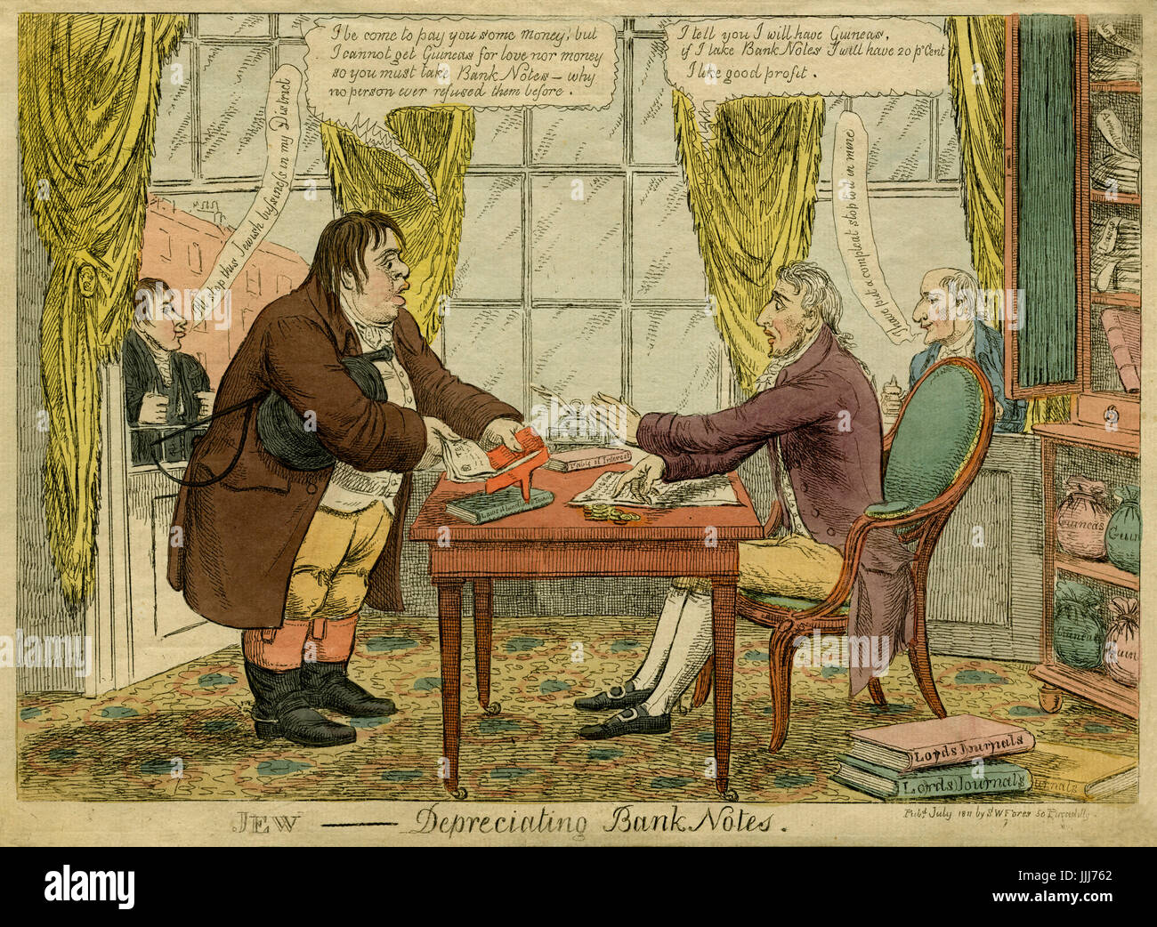 Usurier juif comme représenté dans une gravure antisémite, 1811. Sous-titre suivant : juif - Dépréciation des billets de banque. Le monsieur sur la gauche offre de payer sa dette en billets de banque, mais le peuple Juif prêteur insiste sur les monnaies. Dans les fenêtres, un homme menace de ce 'stop', entreprise juive et l'autre prétend qu'il a déjà. Juillet 1811 par Publsihed S W Fores. Banque D'Images