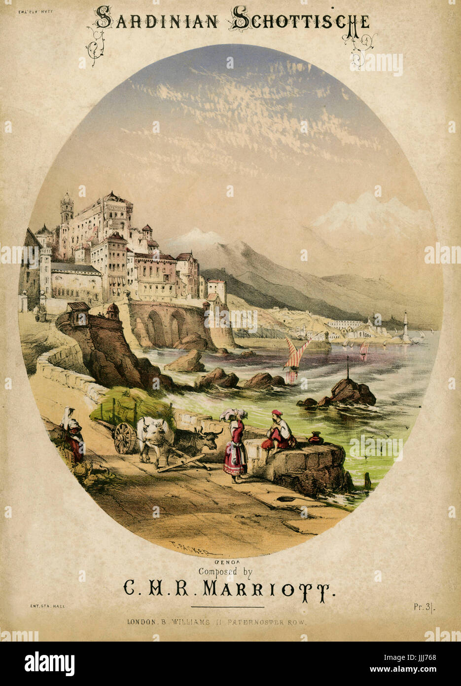 Le Schottische sarde par C. H. R. Marriott, score, 1857, après une illustration par T. Packer. Scène pastorale génois au pied d'un château, et des bateaux de pêche en Méditerranée. Banque D'Images