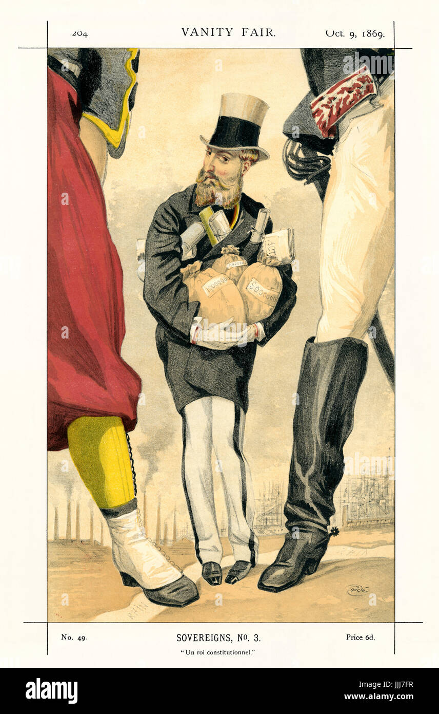 Leopold II - portrait debout, tenant des sacs de moneyclose à lui-même. Caricature de Vanity Fair Coide (de son vrai nom James Jacques Tissot, 1836-1902). Sous-titre suivant "overeigns, n° 3 : Un roi constitutionnel", datée du 9 octobre 1869. Léopold II, Roi de Belgique : 9 avril 1835 - 17 décembre 1909. Banque D'Images