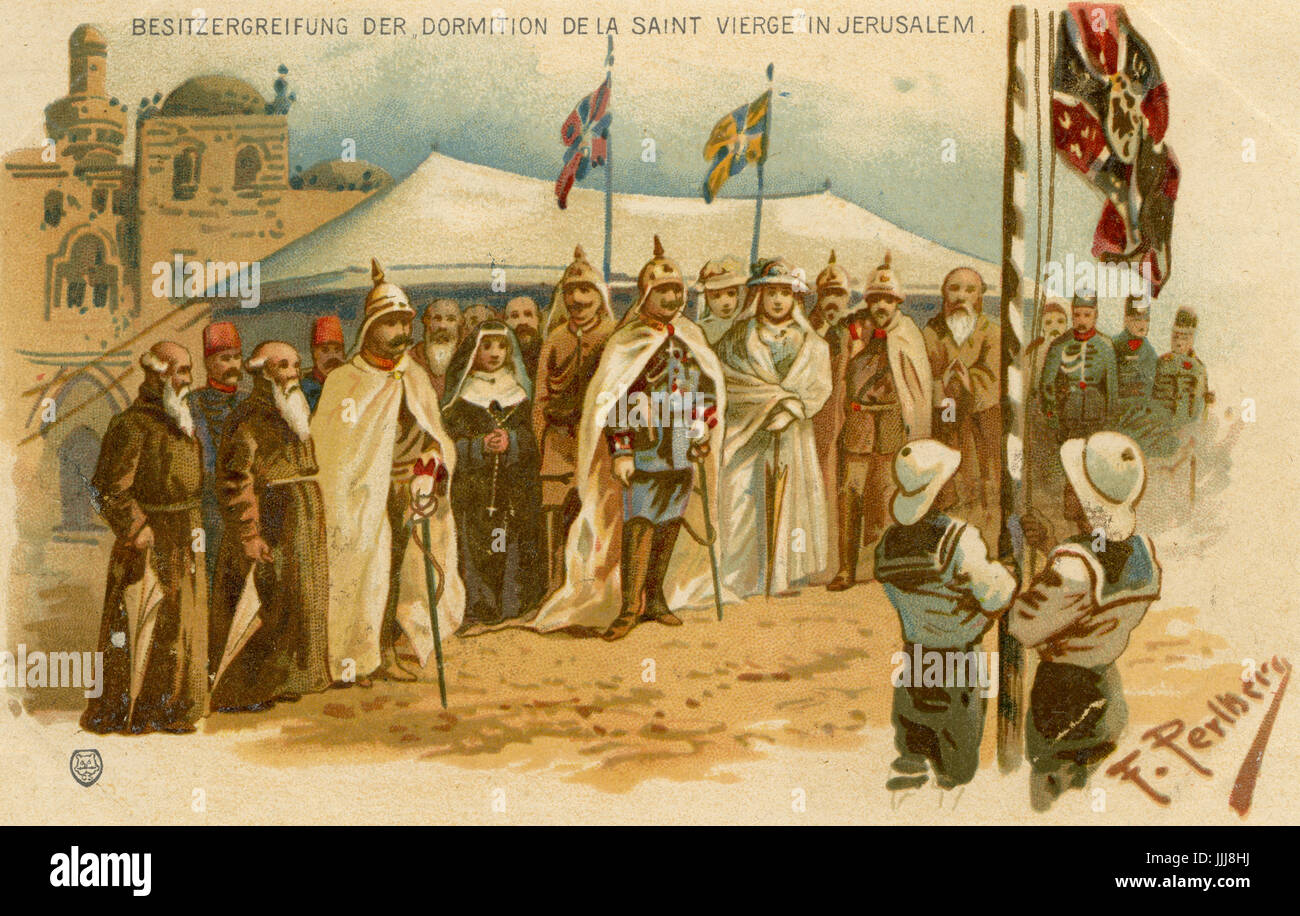 Kaiser Wilhelm visite en Terre Sainte (Palestine), 1898, carte postale commémorative. Guillaume II de la prise de possession d'un morceau de terre sur le Mont Sion pour donner à l'catholiques allemands pour une église. C'est là que l'église de la Dormition est aujourd'hui. Banque D'Images