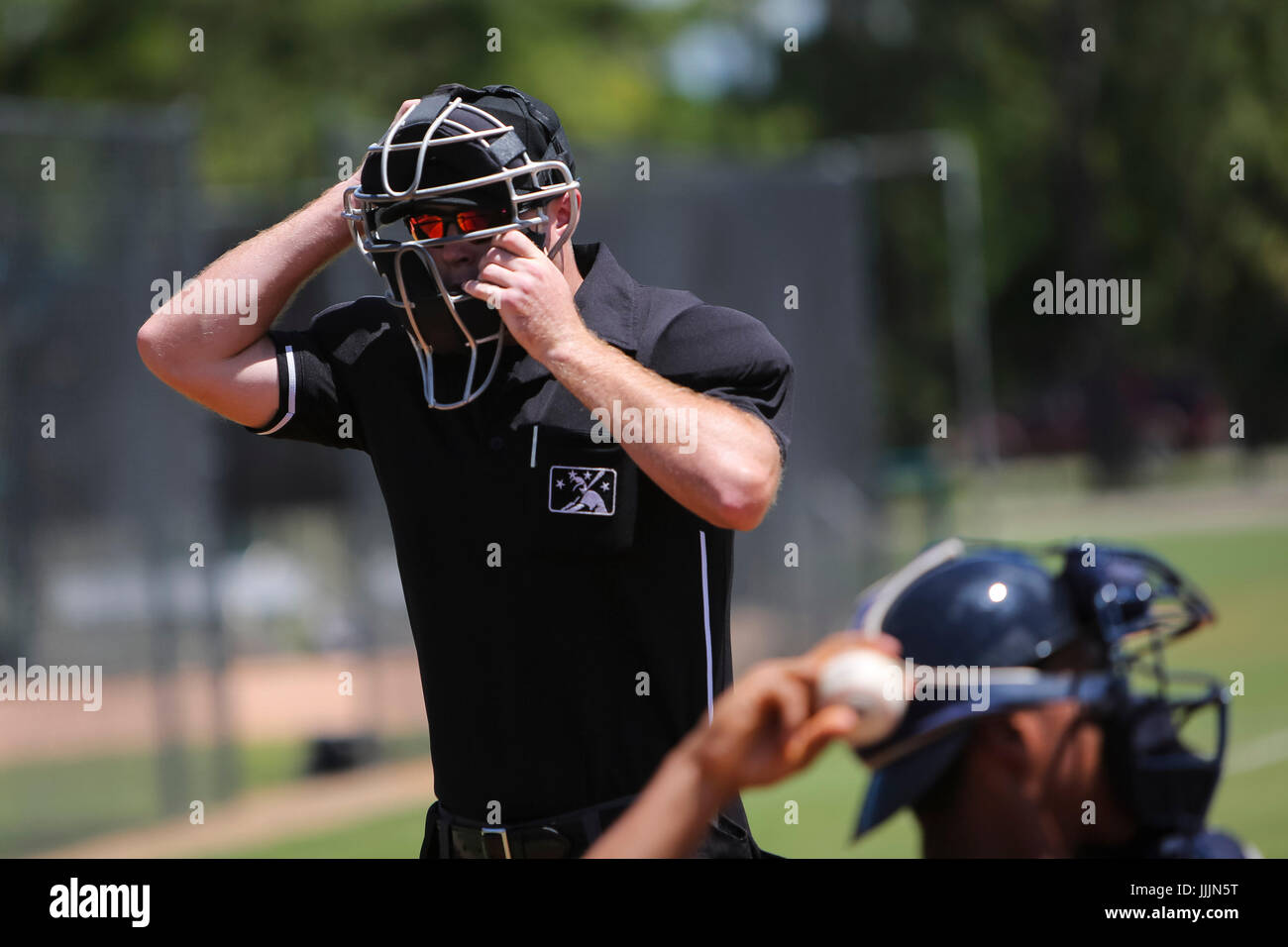 Lakeland, Floride, USA. 5 juillet, 2017. Vous VRAGOVIC | fois.Juge-arbitre Taylor Payne, 24 ans, tire sur son masque pour lancer la Ligue de la côte du golfe du match entre les Yankees de New York et les Tigers de Detroit au Tigertown Lakeland, Floride complexe dans le mercredi, Juillet 5, 2017. Credit : Vragovic/Tampa Bay Times/ZUMA/Alamy Fil Live News Banque D'Images