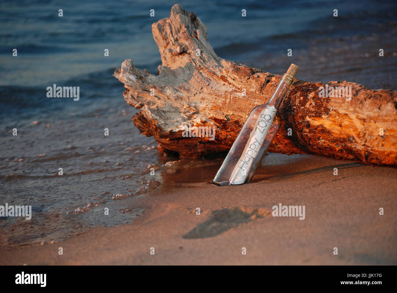 L'année 2018 nouveau message dans une bouteille avec driftwood log on beach Banque D'Images