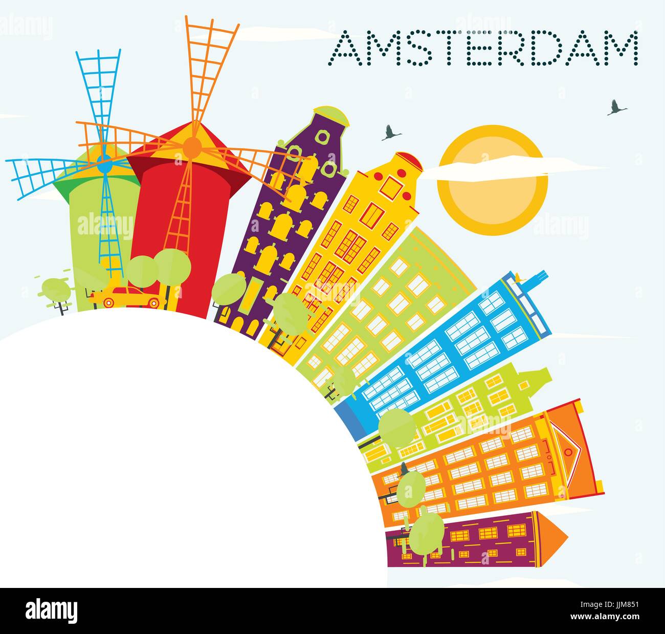 Amsterdam skyline avec les bâtiments, de couleur bleu ciel et espace copie. vector illustration. Les voyages d'affaires et tourisme concept avec l'architecture historique. Illustration de Vecteur