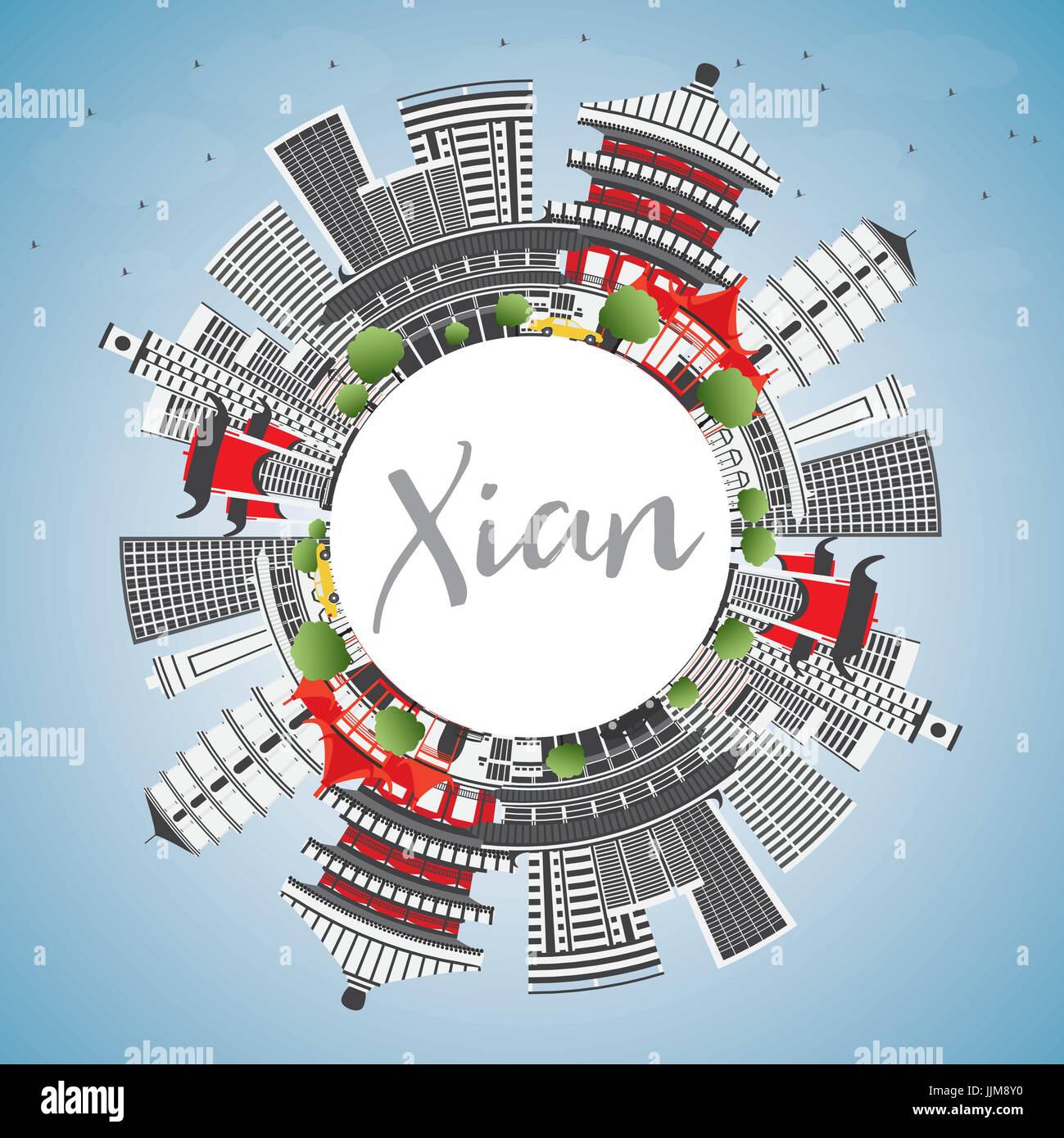 Xian avec toits de bâtiments gris, bleu ciel et espace copie. vector illustration. Les voyages d'affaires et tourisme concept avec l'architecture historique. Illustration de Vecteur