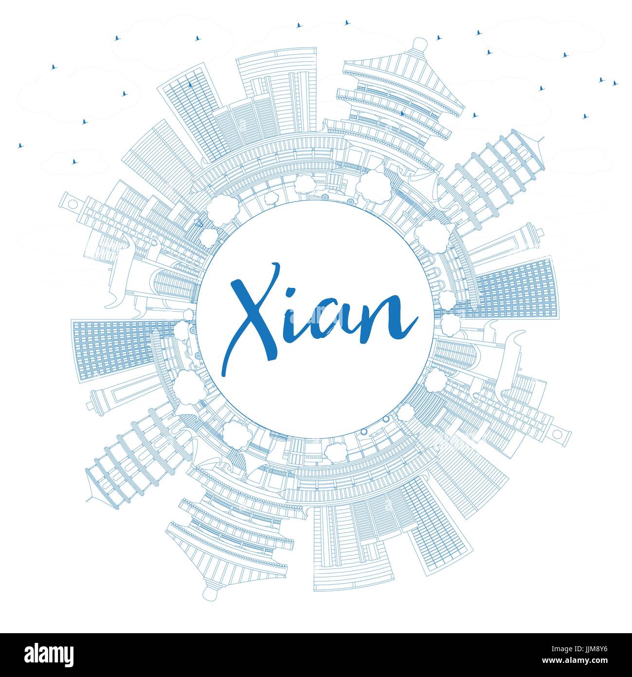 Xian contour bleu horizon avec les bâtiments et l'espace de copie. vector illustration. Les voyages d'affaires et tourisme concept avec l'architecture historique. Illustration de Vecteur