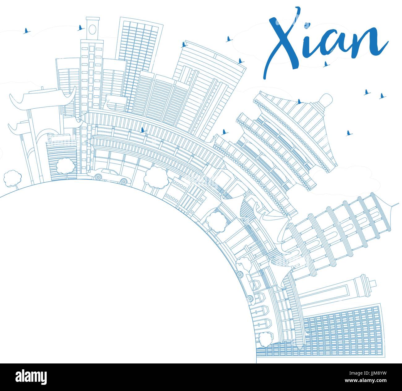 Xian contour bleu horizon avec les bâtiments et l'espace de copie. vector illustration. Les voyages d'affaires et tourisme concept avec l'architecture historique. Illustration de Vecteur