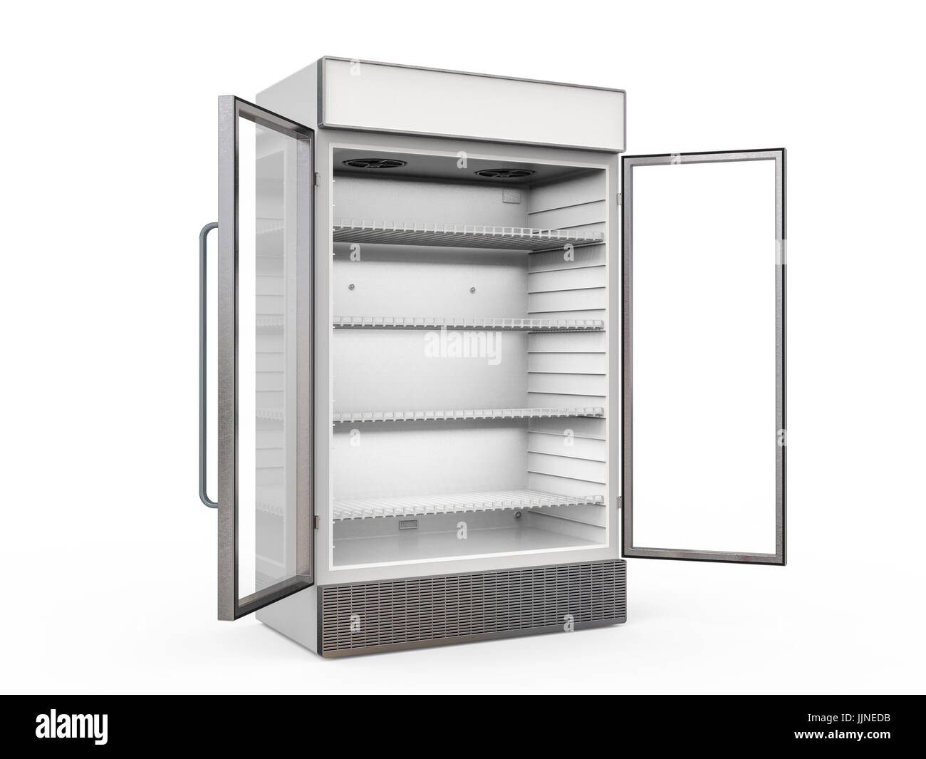 Le rendu 3D réfrigérateur vide avec les portes en verre s'ouvrent Banque D'Images