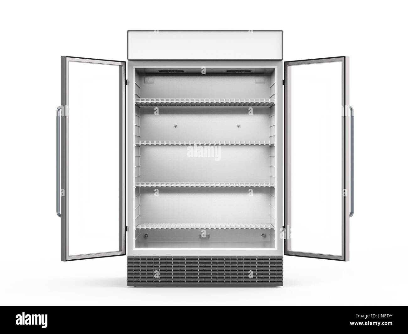 Le rendu 3D réfrigérateur vide avec les portes en verre s'ouvrent Banque D'Images