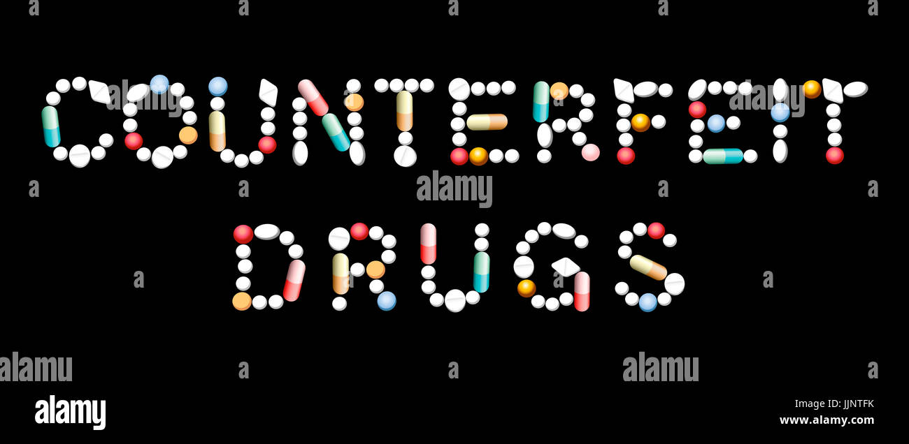 Les médicaments de contrefaçon écrit avec pilules, comprimés et gélules. Banque D'Images